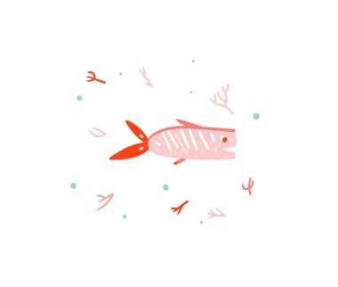 El çizimi vektör stoğu soyut düz çizgi film çizimi tropikal yaz okyanusu sualtı komik balıklar beyaz arka planda izole