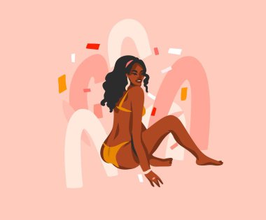 Elle çizilmiş soyut stok grafik çizimi genç mutlu pozitif yaşam tarzına sahip, siyah Afro-Amerikan mayo giymiş kadın pastel kolaj şeklinde arka planda izole bir şekilde oturuyor.