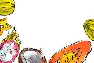 Beyaz arka planda izole edilmiş tropikal meyve hindistancevizi, karambola ve ejderha frut ile el çizimi vektörü soyut düz grafik çizimi veya sınır şablonu