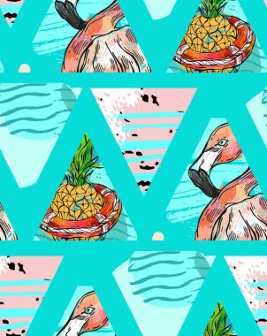 El, tropikal yapraklar, ananas ve pembe flamingoyla soyut geometrik izole edilmiş üçgen arkaplanda egzotik desenler oluşturdu. Vektör kumaş, ambalaj vesaire. yazdır