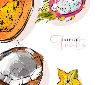 Elle çizilmiş vektör soyut freehand ile egzotik tropik meyve papaya, dragon meyve, Hindistan cevizi ve carambola resimler üzerinde beyaz izole sıradışı arka plan dokulu.