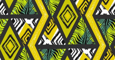 Elle çizilmiş vektör soyut serbest seamless tropikal modeli kolaj zebra motifi, organik dokular, siyah arka plan üzerine izole üçgenleri ile dokulu. Düğün tarihi, doğum günü, moda dekor kaydetmek.
