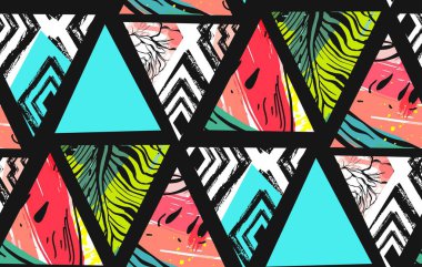 Elle çizilmiş vektör soyut yaz saati kolaj seamless modeli ile karpuz, Aztek ve tropikal hurma izole motifi bırakır. Olağandışı dekorasyon düğün, doğum günü, moda kumaş, için Tarih kaydetmek