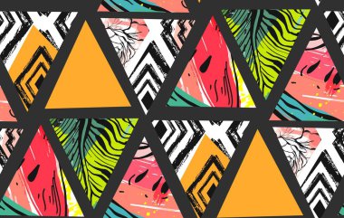 El çizilmiş vektör soyut alışılmadık yaz saati dekorasyon kolaj seamless modeli ile karpuz, Aztek ve tropikal hurma izole motifi bırakır..