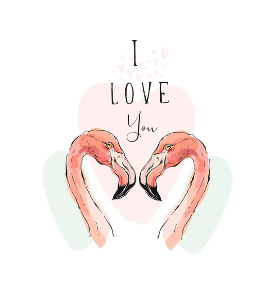 手工绘制的矢量抽象热带浪漫插画夫妇的两个粉红色的火烈鸟和现代书法报价我爱与你隔绝在白色背景上 — 图库矢量图片