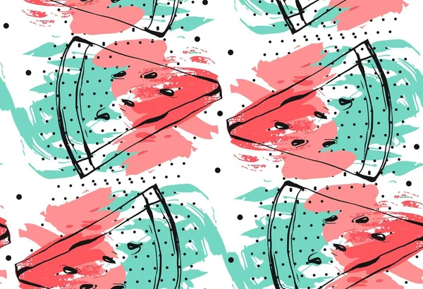 Handgezeichnete Vektor Abstrakte Collage Nahtloses Muster Mit Wassermelonenfrüchten Isoliert Auf — Stockvektor