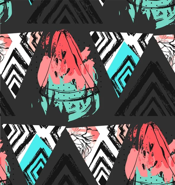 Hand drawn vector abstract collage seamless pattern with watermelon fruit isolated on black background.Unusual decoration for summer time wedding,birthday,save the date,journaling,fashion fabric