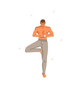 El çizimi vektör soyut stok grafik bohem clipart illüstrasyon genç mutlu erkek karakter, meditasyon ve yoga uygulayıcı beyaz arka planda izole
