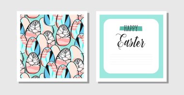 Renkli Mutlu Paskalya tebrik kartı. Çiçekli yumurta ve tavşan unsurları kompozisyonu. Kolay düzenleme için katmanlar halinde düzenlenmiş EPS10 vektör dosyası.