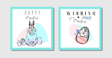 El çizimi vektör soyut Paskalya tebrik kartı tasarım şablonu boyalı Paskalya yumurtaları ve paskalya tavşanı beyaz arka planda izole edilmiş..