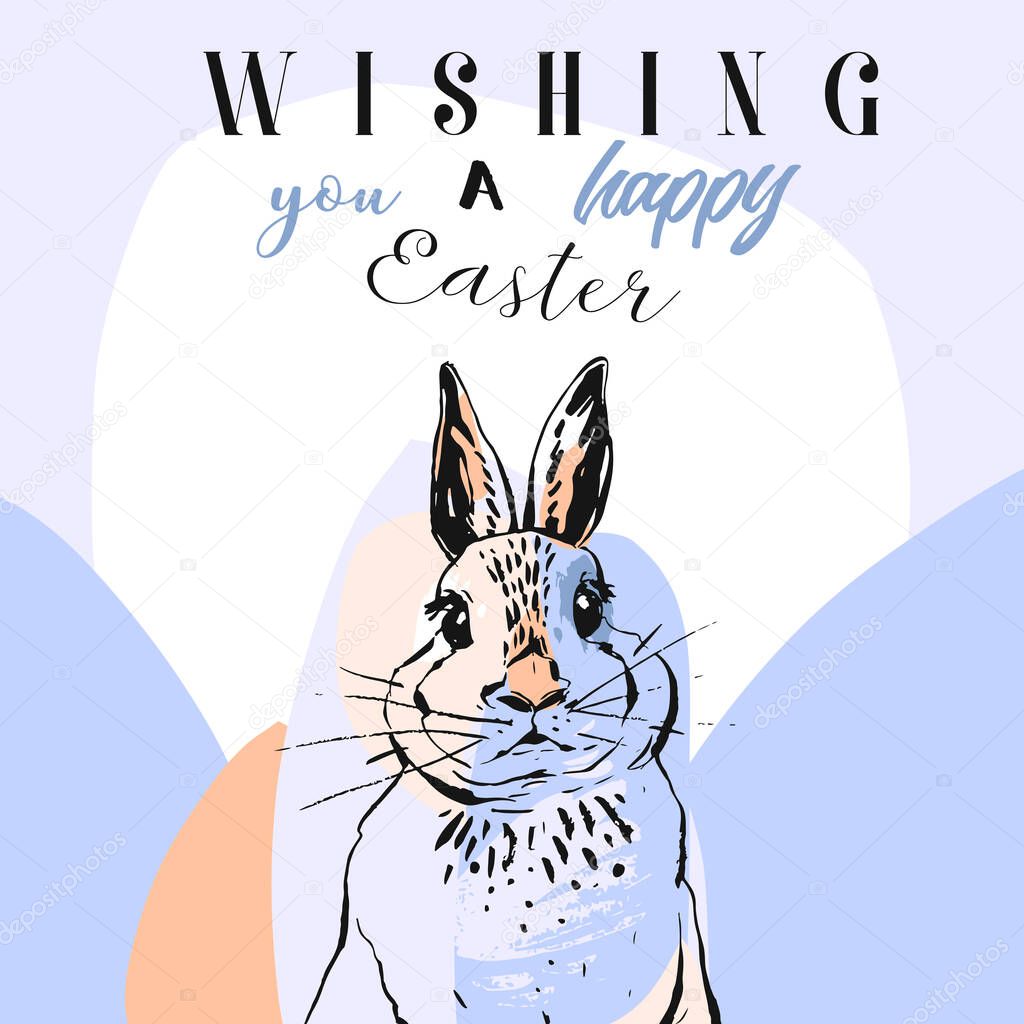 Hand drawn vector abstract collage funny poster with realistic rabbit,Easter eggs and Happy Easter quotes in pastel colors.Easter bunny background.Cute trendy rabbit illustration.Easter greetings