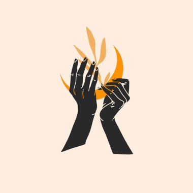 El çizimi vektör soyut düz grafik çizimi logo elementi, sihirli çizgi sanat altın hilal, insan el silueti ve çiçek basit stil markalaştırma için, renk arkaplanı izole