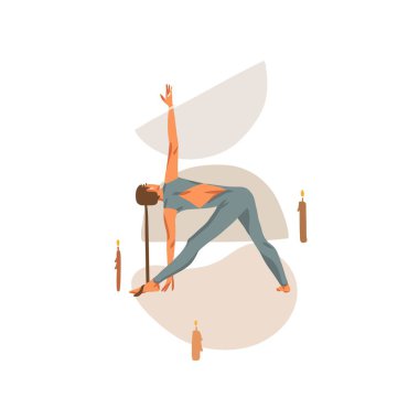 El çizimi vektör soyut stok grafik bohem clipart illüstrasyon genç mutlu kadın karakter, meditasyon ve yoga uygulayıcı beyaz arka planda izole