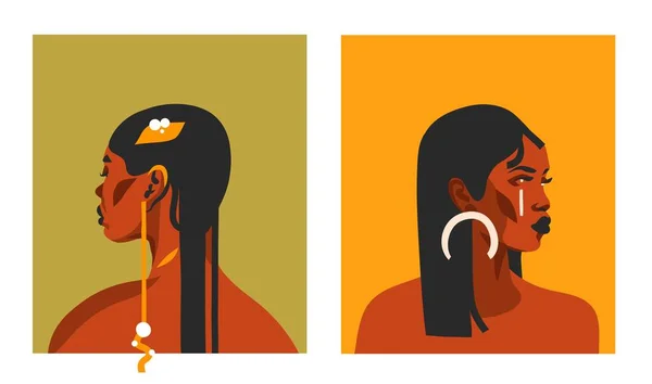 Dibujado a mano vector abstracto stock ilustraciones gráficas planas con etnia bohemia tribal negro, hermosas mujeres afroamericanas colección retrato conjunto aislado en el fondo de color — Vector de stock