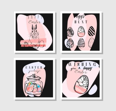 El çizimi vektör soyut Paskalya tebrik kartları tasarım şablonu, boyalı Paskalya yumurtaları ve siyah arka planda izole edilmiş tavşan. Yüzücü, davetiye, günlük, süsleme için tasarım.