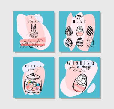 El çizimi vektör soyut Paskalya tebrik kartı koleksiyonu boyanmış Paskalya yumurtaları ve mavi arka planda izole edilmiş Paskalya tavşanı. Davetiyeler, günlükler ve selamlama için tasarım.