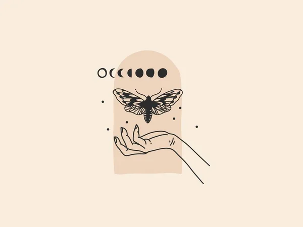 Ilustración gráfica plana de stock abstracto vectorial dibujado a mano con elementos de logotipo femeninos, mano de línea humana, mariposa, arte de fase lunar mágico en estilo simple para la marca, aislado sobre fondo dorado — Archivo Imágenes Vectoriales