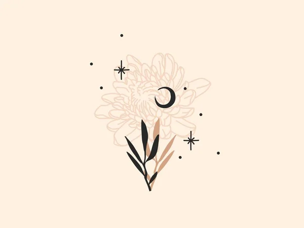 Ilustración gráfica plana de stock abstracto vectorial dibujado a mano con elementos de logotipo, arte de línea mágica de flor de peonía, media luna, fase lunar y estrellas en estilo simple para la marca, aislado en el fondo de color — Vector de stock