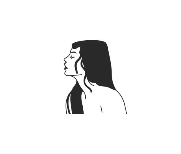 Рука намальована Векторна абстрактна стокова плоска графічна ілюстрація з елементами логотипу, магія краси священна бохо жіночий портрет у лінійному мистецтві, у простому стилі для брендингу, ізольована на білому тлі — стоковий вектор