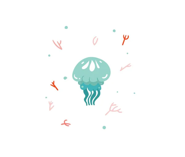 Dibujado a mano vector stock abstracto ilustración gráfica de dibujos animados plana con el océano tropical de verano bajo el agua medusas divertidas aisladas sobre fondo blanco — Vector de stock