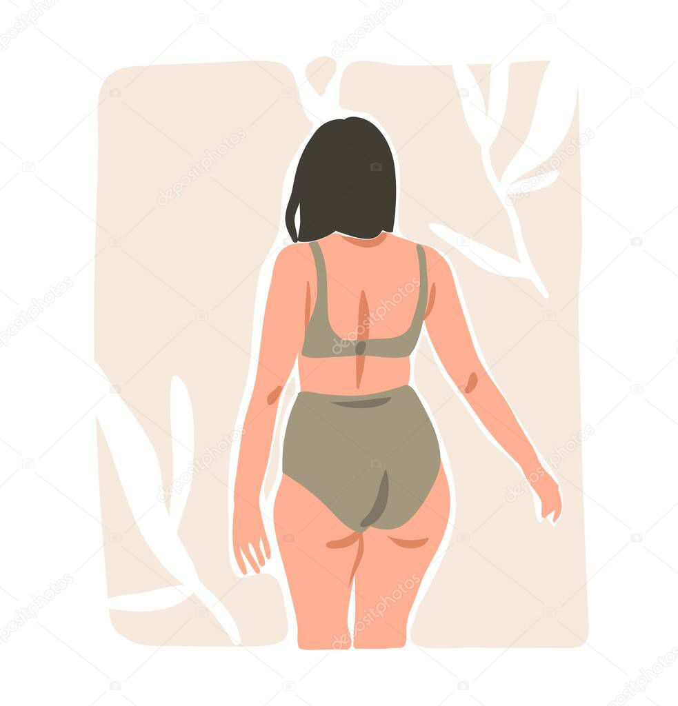 Hand drawn vector abstract stock flat graphic contemporary aesthetic fashion illustration with bohemian,beautiful modern plus size female in simple trendy minimal style isolated on pastel background.