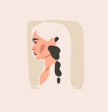 El çizimi vektör soyut düz grafik modern estetik tasviri ile bohem, güzel modern kadın portresi Pastel arka planda izole edilmiş basit moda minimal tarzı
