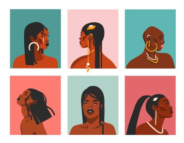 El çizimi vektör soyut düz grafik çizimleri. Etnik bohem kabile siyahi, güzel Afro-Amerikan kadın koleksiyon portresi. Renkli arka planda izole edilmiş.