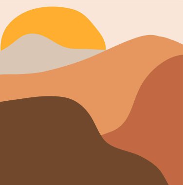 El çizimi vektör soyut düz gtraphic, modern clipart modern illüstrasyon, bohem terracotta minimalist manzara baskısı trend toprak tonlarında sıcak renkler dağlar ve ay ile