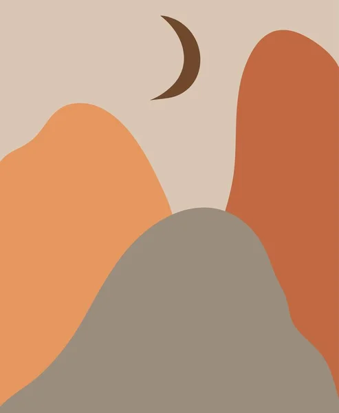 Mão desenhado vetor abstrato estoque plana gtraphic, clipart moderno ilustração contemporânea, boêmio terracota paisagem minimalista arte imprimir em tons de terra na moda cores quentes com montanhas e lua — Vetor de Stock