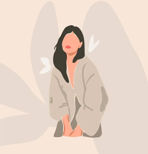 Handgetekende vector abstracte voorraad platte grafische hedendaagse esthetische mode illustratie met boheemse, mooie moderne vrouwelijke portret in eenvoudige trendy minimale stijl geïsoleerd op pastel achtergrond — Stockvector