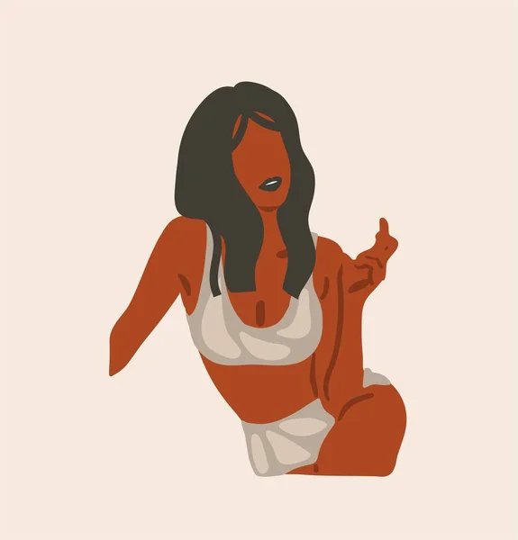 Ilustración de moda estética contemporánea gráfica plana abstracta vectorial dibujada a mano con retrato femenino afroamericano moderno y bohemio en un estilo minimalista de moda simple aislado sobre fondo pastel — Vector de stock