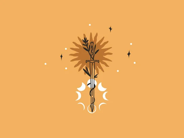 Illustration graphique à plat avec éléments de logo, ligne magique art du soleil, croissant, phase de lune et épée dans un style simple pour l'image de marque, isolé sur fond de couleur — Image vectorielle