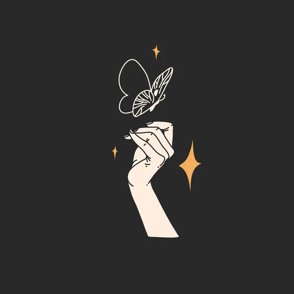 Рука намальована векторна абстрактна стокова плоска графічна ілюстрація з елементами логотипу, магічна лінія мистецтва метелика, жіночий ручний силует і зірки в простому стилі для брендингу, ізольовані на чорному тлі — стоковий вектор