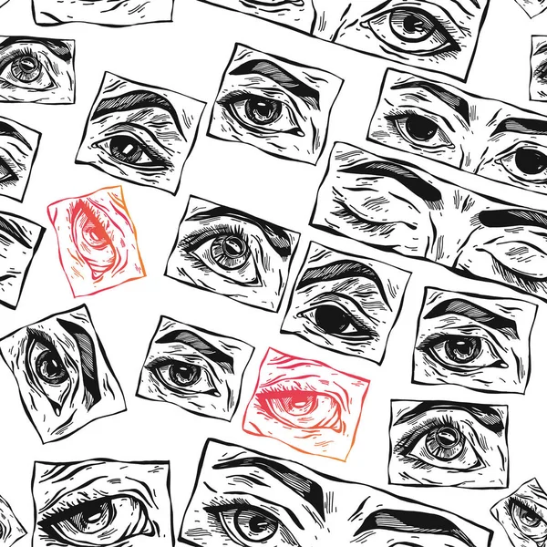 Handgetekende vector abstracte platte voorraad grafisch pictogram illustratie schets naadloos patroon met manga vrouwelijke ogen en eenvoudige textuur collage vormen geïsoleerd op witte achtergrond — Stockvector