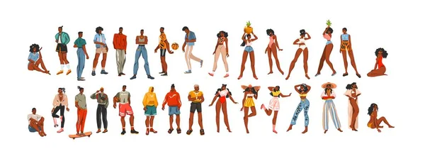 Dibujado a mano vector abstracto stock plana contemporánea ilustraciones colección conjunto paquete con diferentes adultos jóvenes hipster afroamericanos hombres y mujeres en el estilo de moda aislado sobre fondo blanco — Vector de stock
