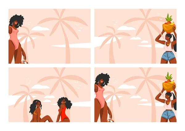 Hand drawn vector abstract stock flat graphic illustrations set with young, happy afro american beauty boho women group in swimsuit on sunset view scene on the beach απομονωμένο σε παστέλ φόντο — Διανυσματικό Αρχείο