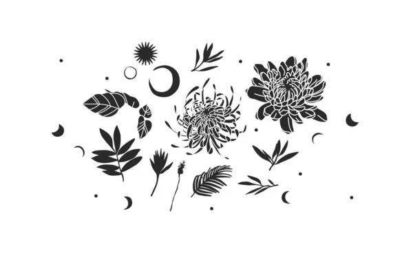 El çizimi vektör soyut düz grafik çizimleri logo elementleri, sihirli kutsal boho ayı, yıldızlar, güneş, çiçekler ve beyaz arkaplanda izole edilmiş siluetler içeren mistik simgeler koleksiyonu — Stok Vektör