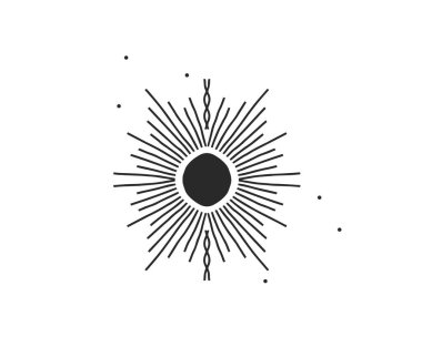 El çizimi vektör soyut düz grafik çizimi, sihirli göksel güneş silueti sanatının logo elementi, markalaşma için basit bir stilde, beyaz arka planda izole edilmiş.