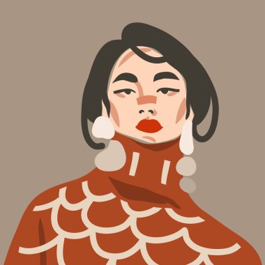 El çizimi vektör soyut düz grafik modern estetik tasviri ile bohem, güzel modern kadın portresi Pastel arka planda izole edilmiş basit moda minimal tarzı