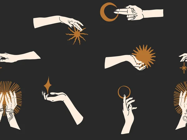 手描きベクトル抽象ストックグラフィックイラストスケッチ人間の手シルエットでシームレスなパターン,神秘的なオカルト太陽と月相,黒の背景に隔離されたラインアート天体パターン — ストックベクタ