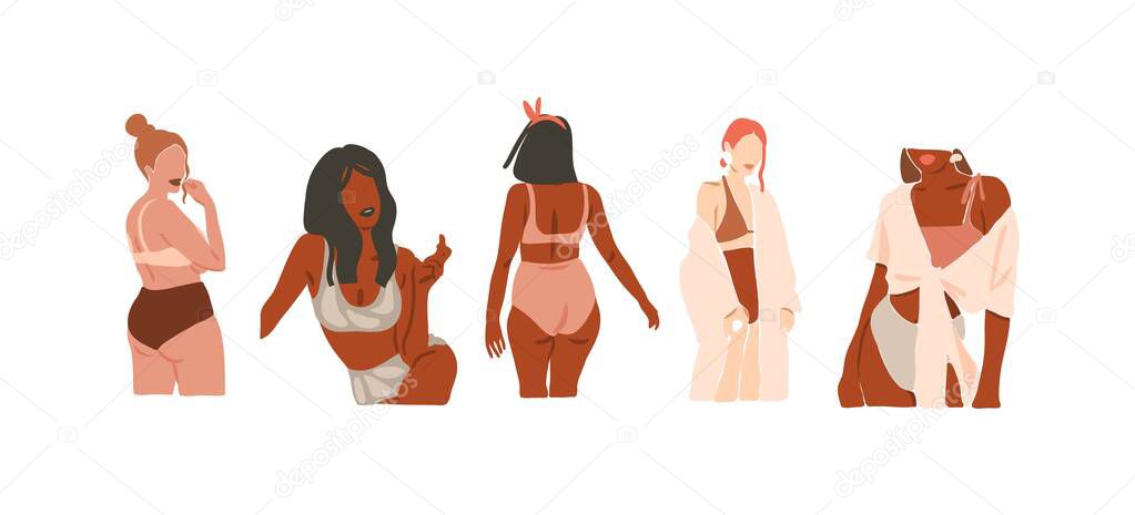 Hand drawn vector abstract stock flat graphic contemporary aesthetic fashion illustrations collection set with bohemian,beautiful modern collage female in minimal style isolated on white background