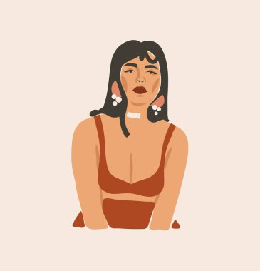 El çizimi vektör soyut düz grafik modern çizgi sanatı, beyaz arka planda izole edilmiş basit moda tarzında bohem, güzel modern kadın portresi ile estetik moda çizimi