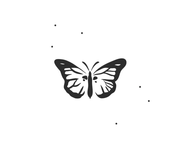 Hand drawn vector abstract stock flat graphic illustration with logo element,bohemian magic art of butterfly silhouette in simple style for branding,isolated on white background.Feminine logo concept — Stock Vector