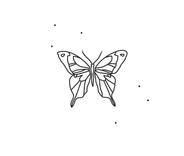 Ilustración gráfica plana de stock abstracto vectorial dibujado a mano con elemento de logotipo, arte mágico bohemio de arte de línea de mariposa en estilo simple para la marca, aislado en fondo blanco. — Vector de stock