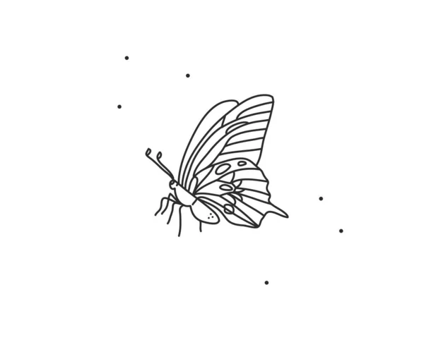 Ilustración gráfica plana de stock abstracto vectorial dibujado a mano con elemento de logotipo, arte mágico bohemio de arte de línea de mariposa en estilo simple para la marca, aislado en fondo blanco.. — Vector de stock