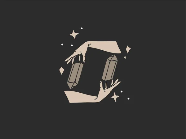 Ручная рисованная векторная абстрактная фоновая плоская графическая иллюстрация с элементом логотипа, богемным магическим искусством рук ведьм, звезд и кристаллического силуэта в простом стиле для брендинга, изолированного на черном фоне — стоковый вектор