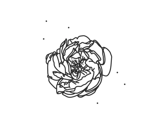 Handgetekende vector abstracte voorraad platte grafische illustratie met logo-element van lijn bloem kunst van pioenroos in eenvoudige stijl voor branding, geïsoleerd op witte achtergrond. — Stockvector