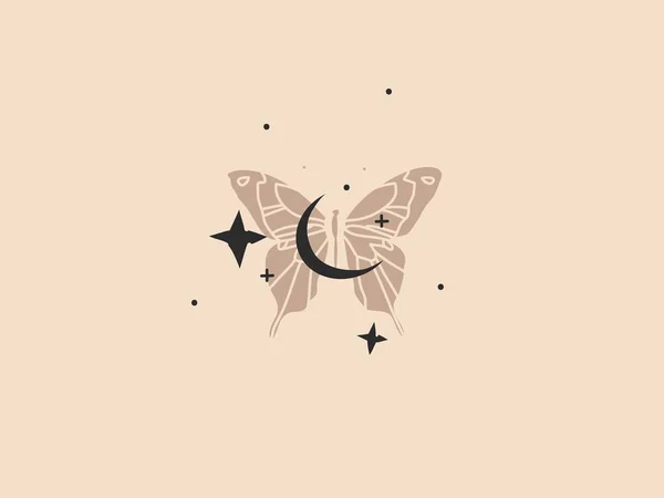 手描きベクトル抽象ストックフラットグラフィックイラストロゴ要素、黄金の三日月のボヘミアンマジックアート、ブランディングのためのシンプルなスタイルで蝶のシルエット、色の背景に隔離 — ストックベクタ