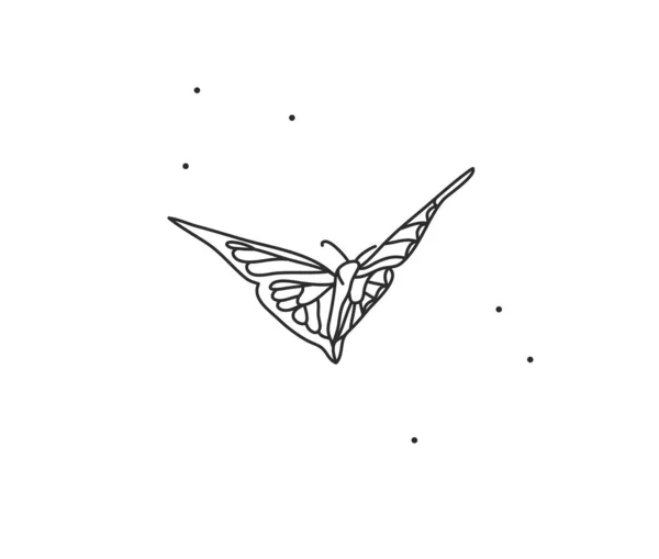 Ilustración gráfica plana de stock abstracto vectorial dibujado a mano con elemento de logotipo, arte mágico bohemio de arte de línea de mariposa en estilo simple para la marca, aislado en fondo blanco. — Vector de stock