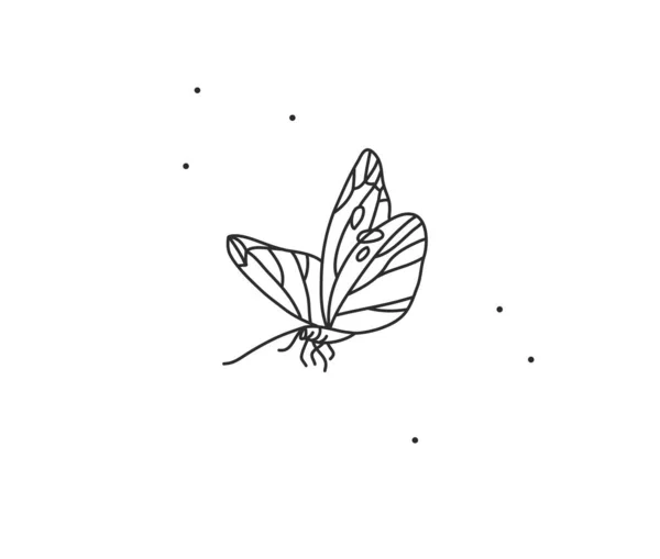 Handgetekende vector abstracte voorraad platte grafische illustratie met logo-element, boheemse magische kunst van vlinder lijn kunst in eenvoudige stijl voor branding, geïsoleerd op witte achtergrond. — Stockvector